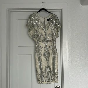 Betsy Adam ivory and silver sequin dress, size 4